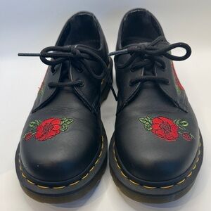 Dr. Marten’s Vonda Black Leather Shoes with Red Rose Embroidery